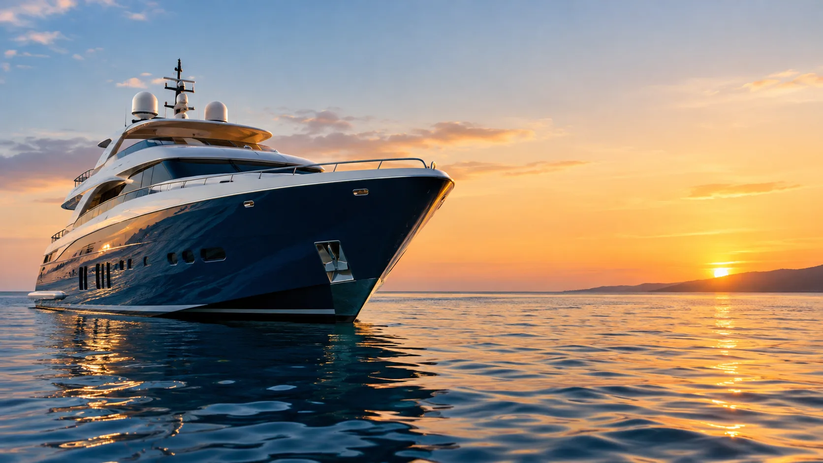 Luxury yacht on calm water at sunset