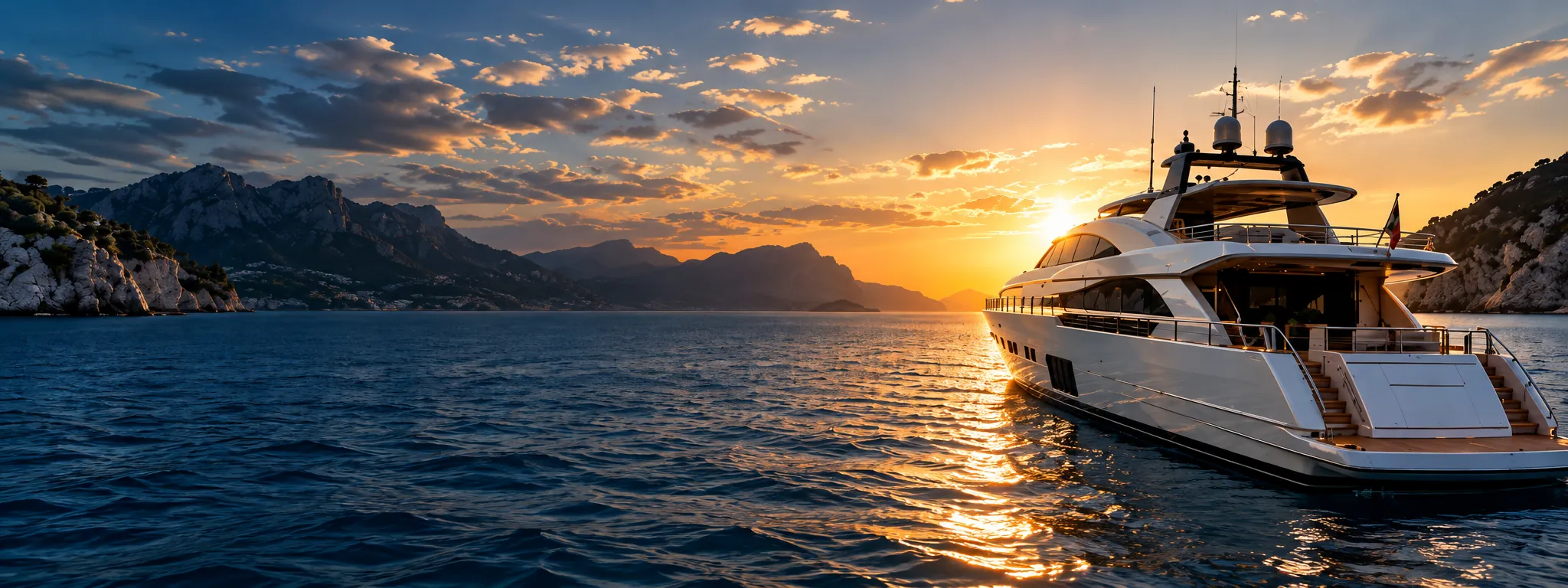 Luxury yacht at sunset on calm water